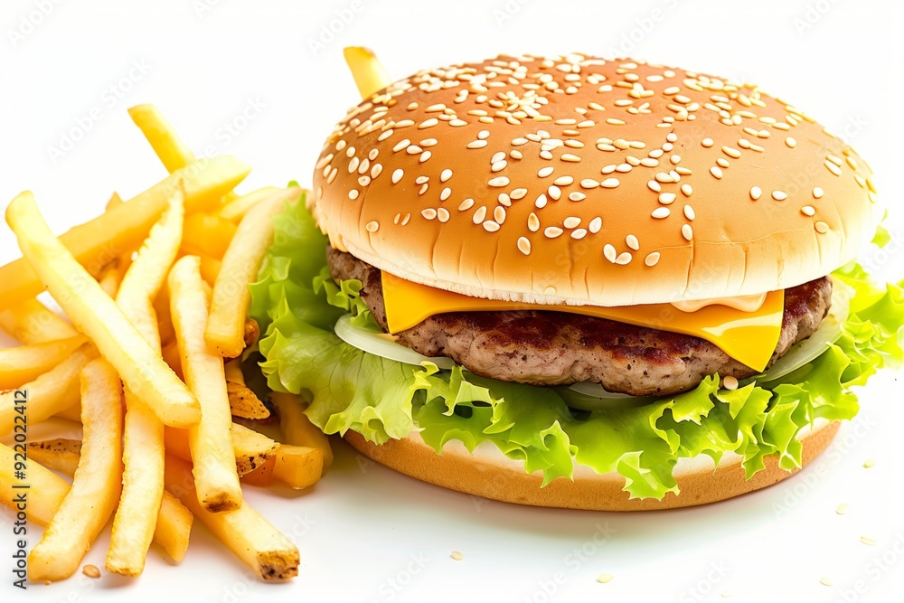 Burger with fries on a white background. Burger with fries on a white background.