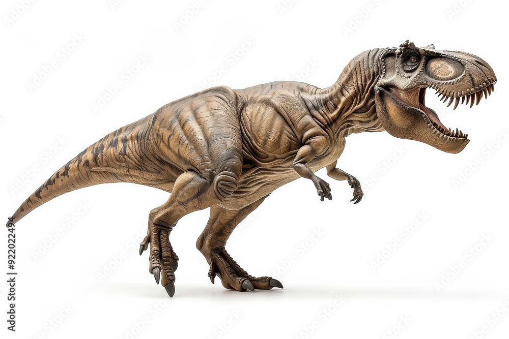 Fototapeta premium Tyrannosaurus Rex toy is showcased against a white background, highlighting its realistic texture and fierce expression. This model is perfect for dinosaur enthusiasts and collectors alike.