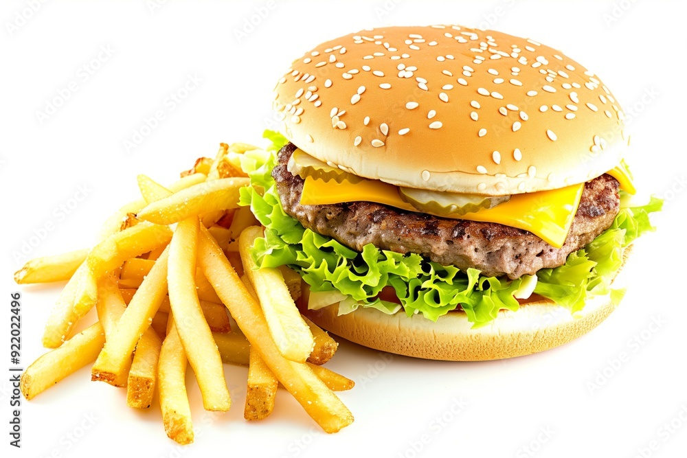 Burger with fries on a white background. Burger with fries on a white background.