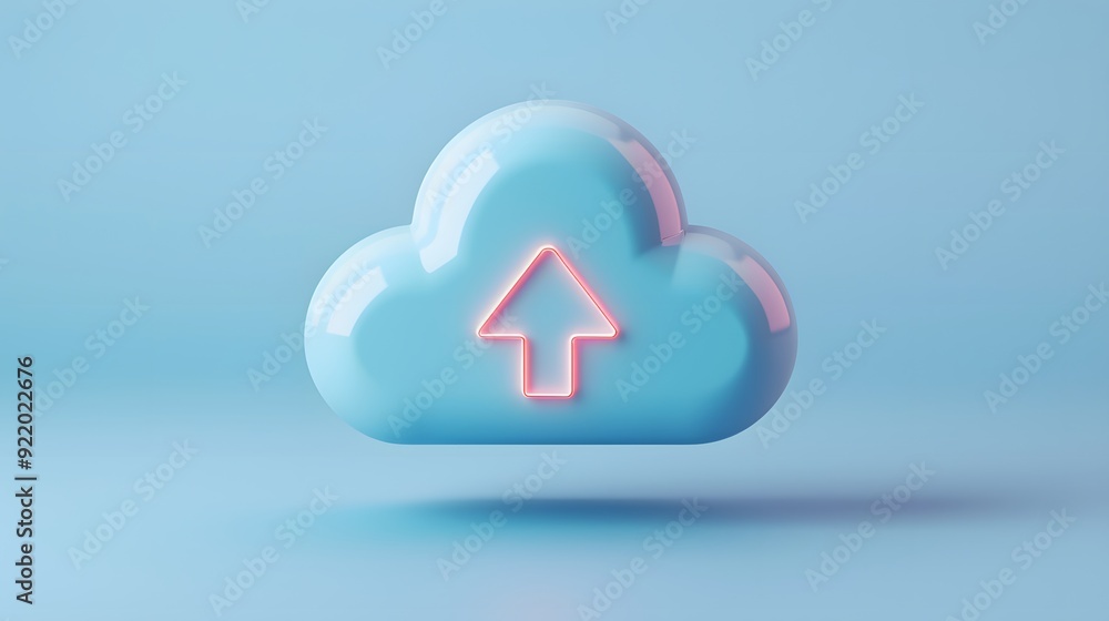 3D illustration of a blue cloud with a pink upload arrow on a light blue background, representing cloud storage and data transfer. 3D illustration of a blue cloud with a pink upload arrow on a light blue background, representing cloud storage and data transfer.
