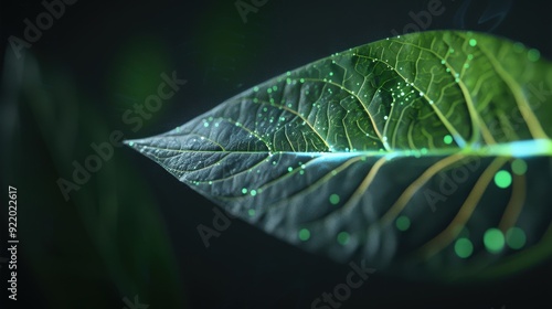Illuminated 3D Model of Photosynthesis Process in Leaf - Light Energy Conversion to Chemical Energy, Glowing Cells on Black Background