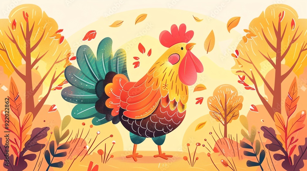 Fototapeta premium Create a illustration of a Rooster crowing at dawnin a kawaii style, simplified to feature fewer elements for a cleaner look, Use a color palette that is appealing to children, with bright and