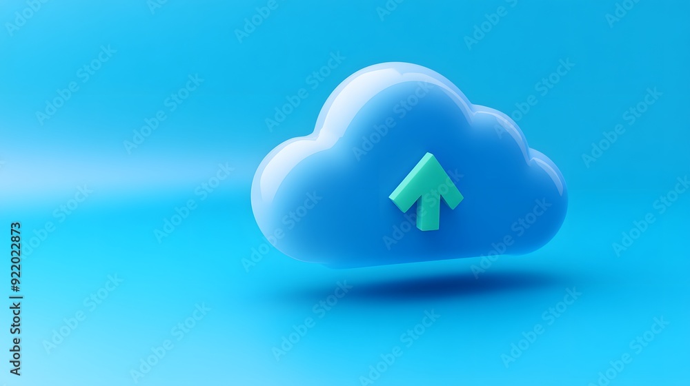3D illustration of a blue cloud with an upward arrow symbol, representing cloud computing and data upload concept on a blue background. 3D illustration of a blue cloud with an upward arrow symbol, representing cloud computing and data upload concept on a blue background.