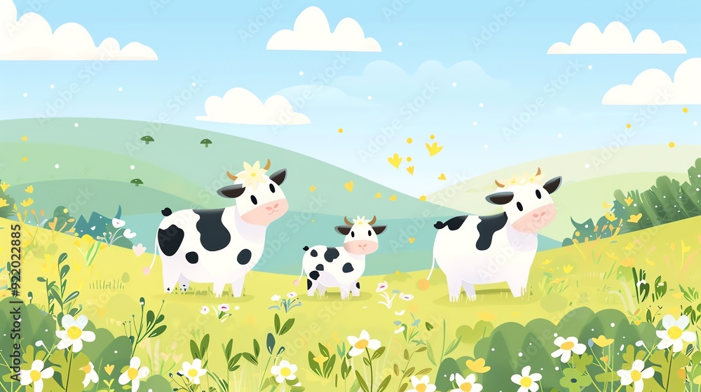 Create a illustration of a Happy cows grazing in a fieldin a kawaii style, simplified to feature fewer elements for a cleaner look, Use a color palette that is appealing to children, with brigh Create a illustration of a Happy cows grazing in a fieldin a kawaii style, simplified to feature fewer elements for a cleaner look, Use a color palette that is appealing to children, with brigh