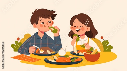 Two children enjoying a meal together, smiling and sharing food in a cheerful setting.