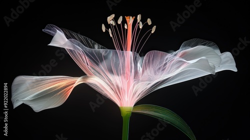 Illuminated Botanical Anatomy: 3D Animated Flower Cross-Section Revealing Petals, Sepals, and Reproductive Organs on Black Background