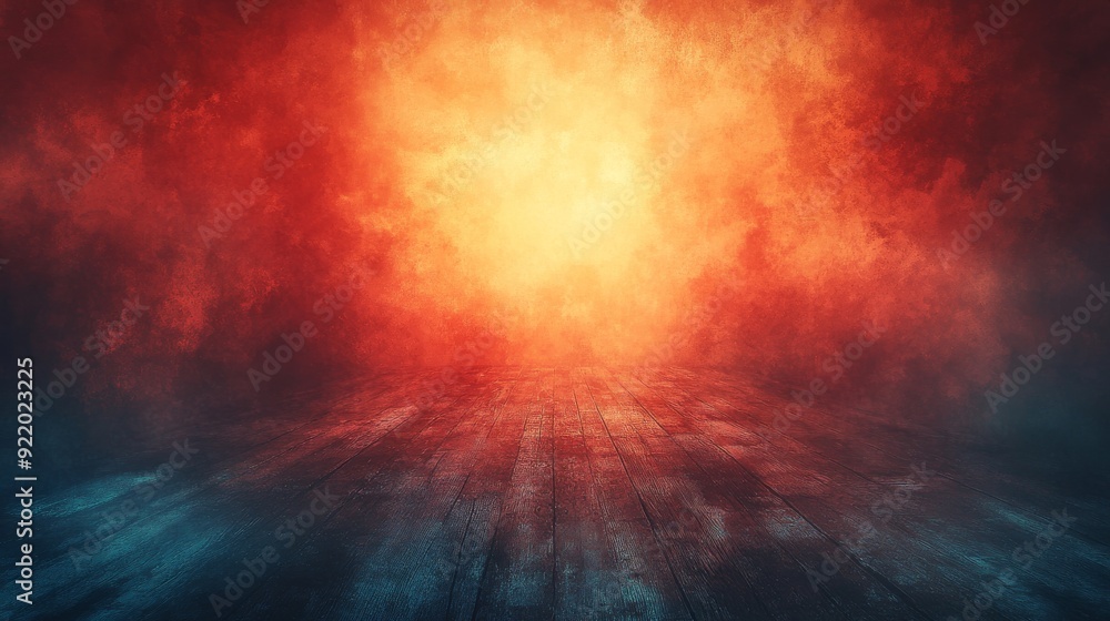 Fototapeta premium Empty room with wooden floor and red smoke background