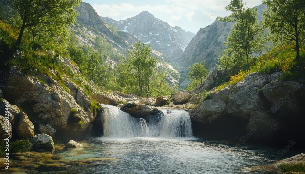 Tranquil waterfall cascading into a serene pool surrounded by mountains and greenery in daylight Tranquil waterfall cascading into a serene pool surrounded by mountains and greenery in daylight