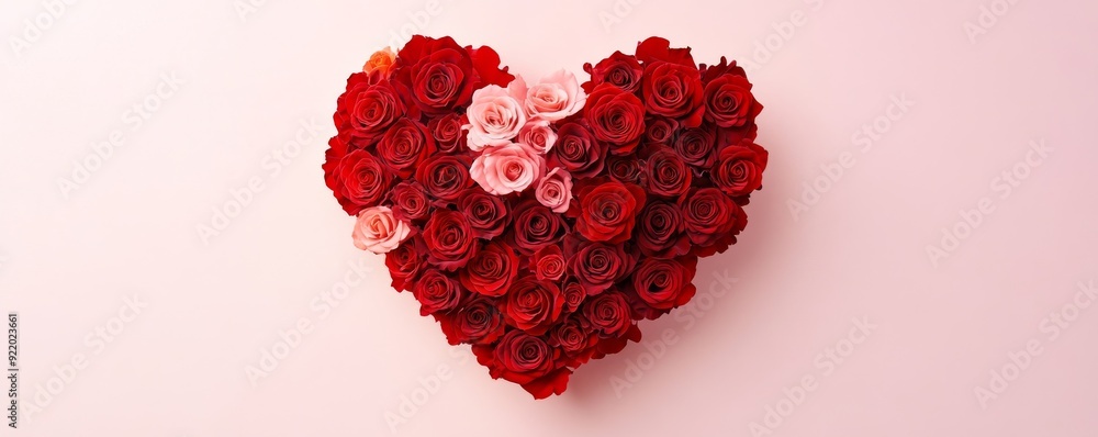 Big heart of red and pink roses lying on pink background Big heart of red and pink roses lying on pink background