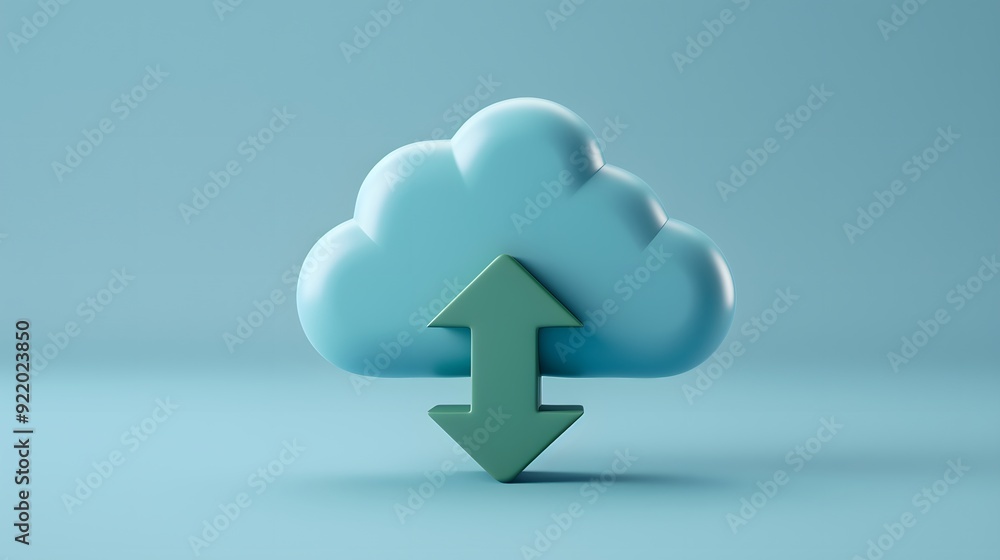 3D illustration of a cloud icon with up and down arrows, representing cloud storage, data upload, and download in blue background. 3D illustration of a cloud icon with up and down arrows, representing cloud storage, data upload, and download in blue background.