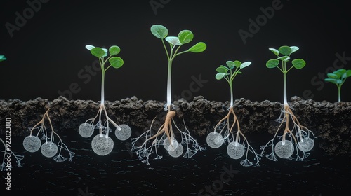 Luminous Symbiosis: 3D Mycorrhizal Fungi and Plant Roots Illustration on Black Background