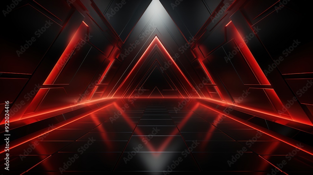 Red neon glowing lines illuminate a dark, metallic, geometric space. Red neon glowing lines illuminate a dark, metallic, geometric space.