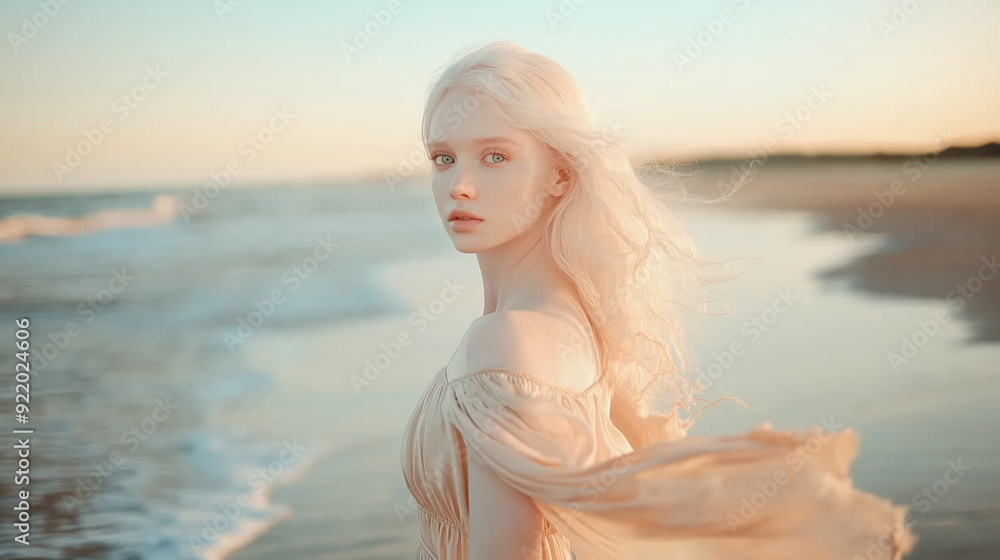 Beach Portrait of Albino Woman with Light Blue Eyes in Beige Silk Dress, Featuring Soft Colors and a Clean Background Beach Portrait of Albino Woman with Light Blue Eyes in Beige Silk Dress, Featuring Soft Colors and a Clean Background