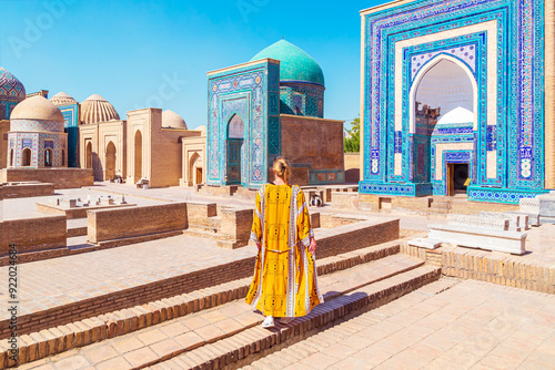 Young woman in a traditional robe at the Shah-i-Zinda complex.