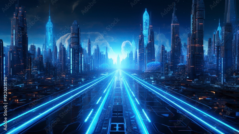 Fototapeta premium A futuristic cityscape with glowing pathways and towering skyscrapers under a starry sky.