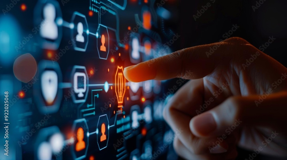 A hand points at a glowing icon on a digital screen, representing cybersecurity and network protection. A hand points at a glowing icon on a digital screen, representing cybersecurity and network protection.