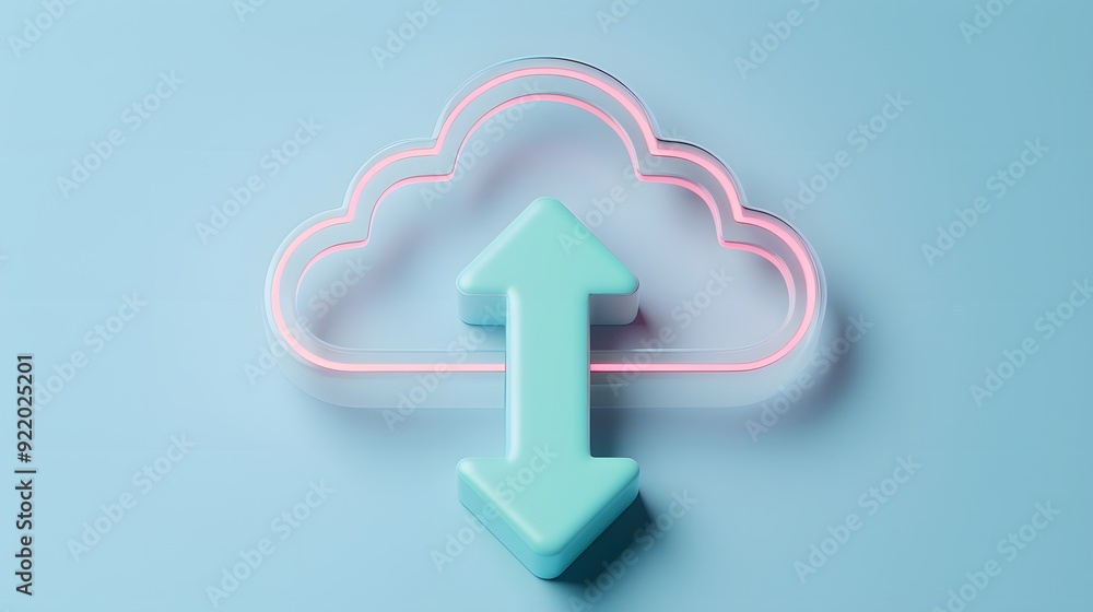 3D illustration of a cloud with upward and downward arrows representing data upload and download on a pastel blue background. 3D illustration of a cloud with upward and downward arrows representing data upload and download on a pastel blue background.