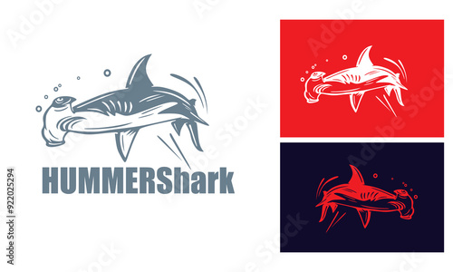 hummer shark, big and strong sea predator logo, silhouette of great wild jaw vector illustrations