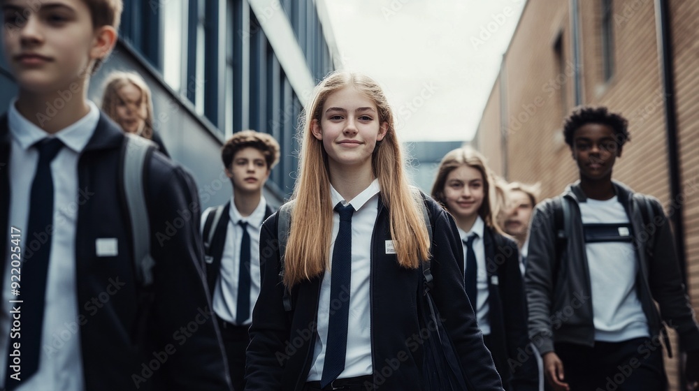 A group of students wearing ties and backpacks walking down a street A group of students wearing ties and backpacks walking down a street