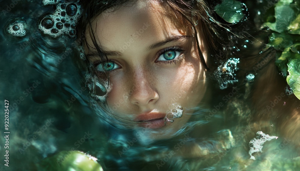 Young girl floats in clear water, surrounded by bubbles and green foliage during the day Young girl floats in clear water, surrounded by bubbles and green foliage during the day