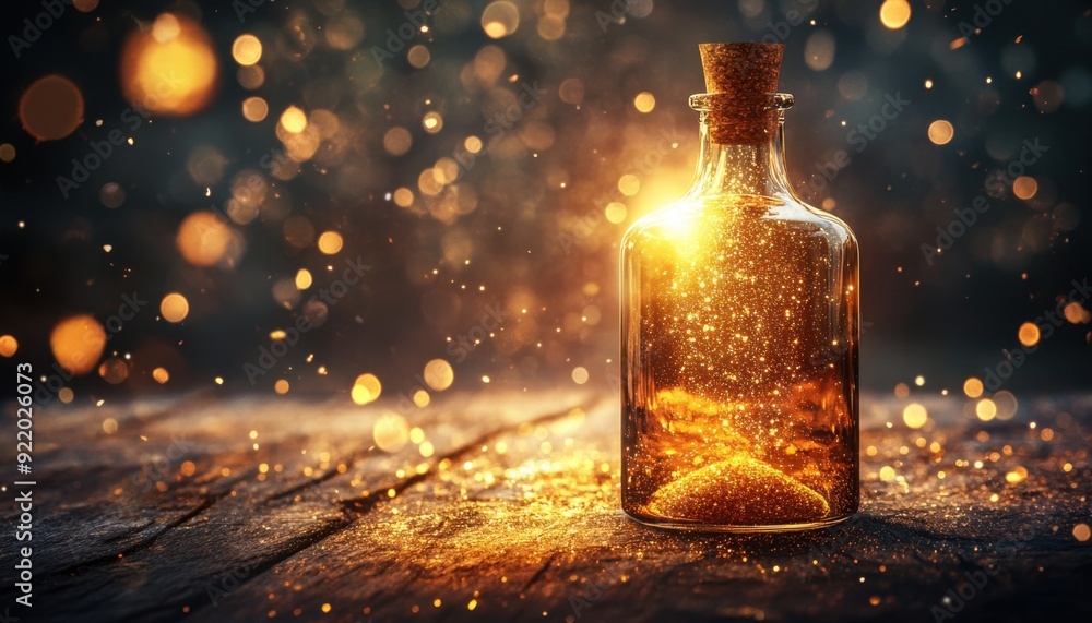Sunlight illuminating a glass bottle filled with sparkling golden dust on a rustic wooden table Sunlight illuminating a glass bottle filled with sparkling golden dust on a rustic wooden table