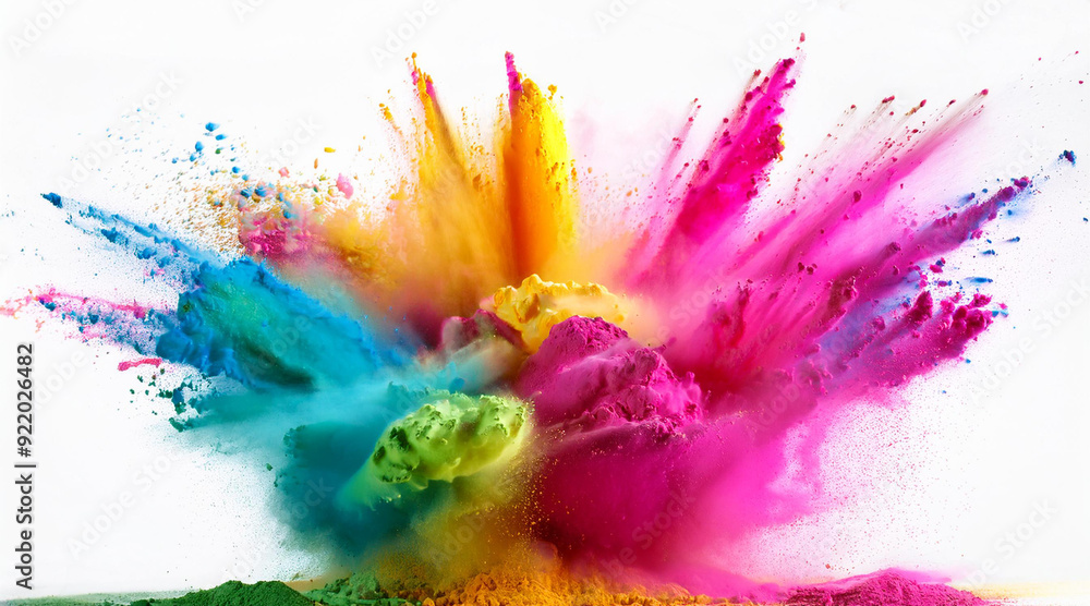 vibrant Holi powders in the air, with a burst of colors including pink, blue, yellow, and green vibrant Holi powders in the air, with a burst of colors including pink, blue, yellow, and green