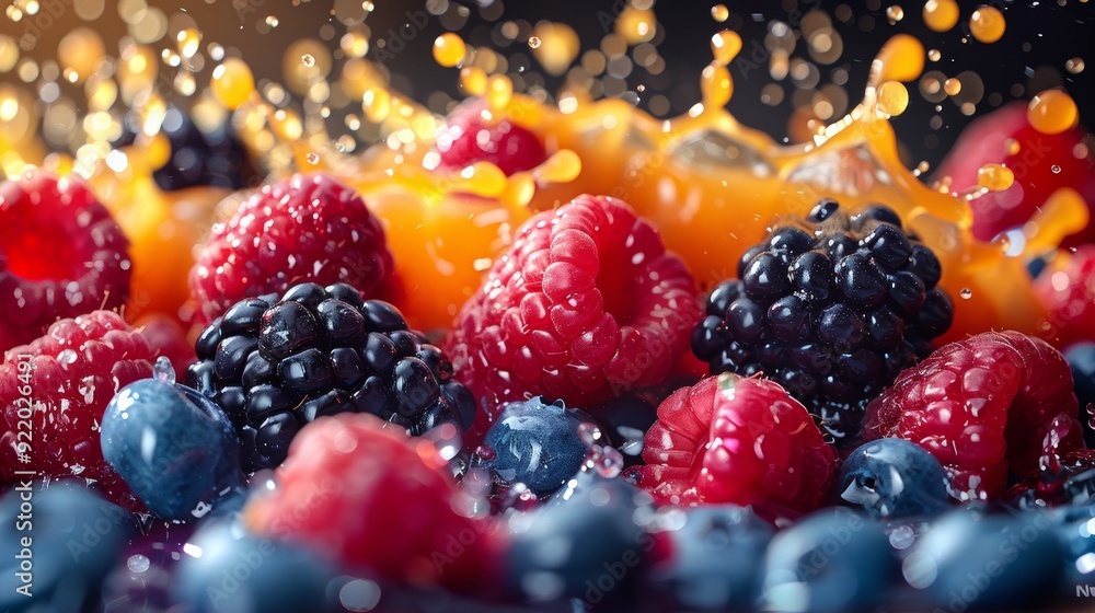 Fresh berries splashing in vibrant juice during a lively summer gathering Fresh berries splashing in vibrant juice during a lively summer gathering