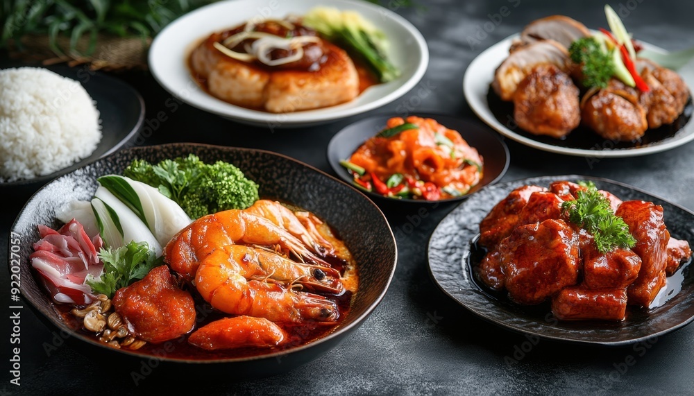 Delicious seafood and fried chicken dishes served on elegant black dishes at a dining table Delicious seafood and fried chicken dishes served on elegant black dishes at a dining table