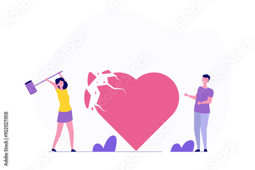 Angry woman using big hammer to hit broken heart. Vector illustration.