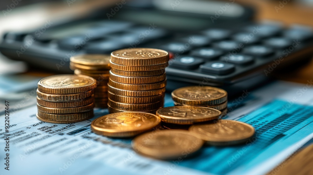 A calculator next to stacks of coins and financial documents, symbolizing budgeting and finance. A calculator next to stacks of coins and financial documents, symbolizing budgeting and finance.