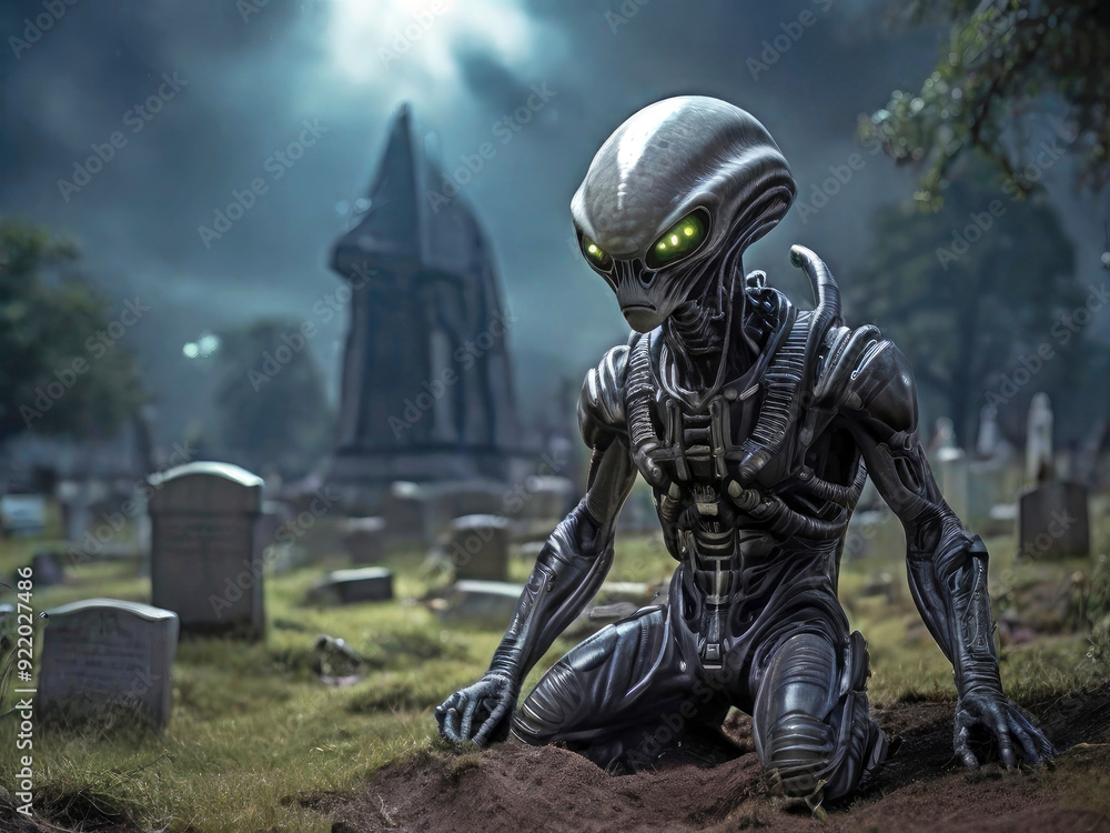 Fototapeta premium A solemn looking alien kneels on a freshly dug grave in a cemetery lit by moonlight at night