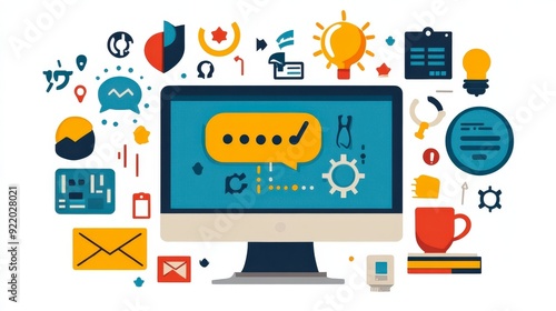 Wallpaper Mural A computer screen surrounded by various digital icons representing technology and communication. Torontodigital.ca