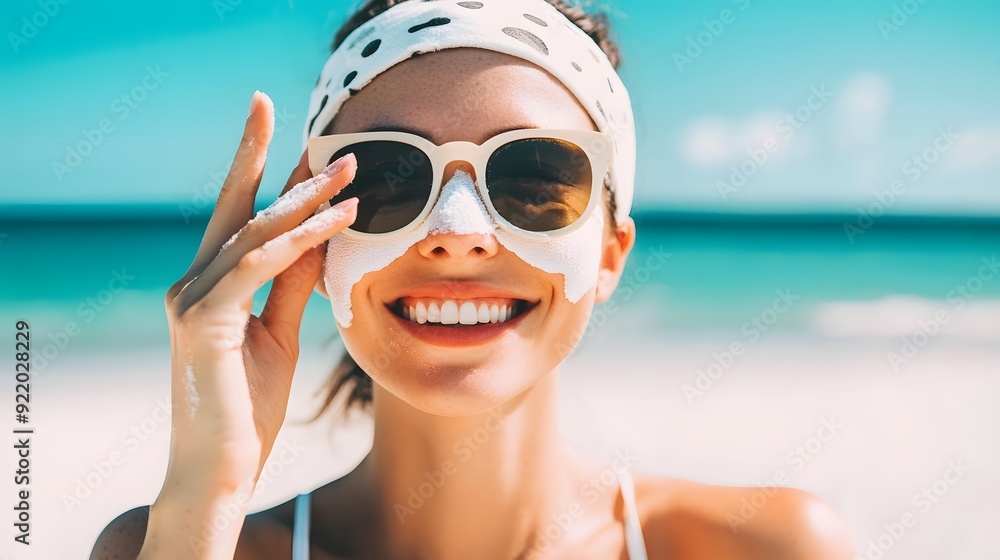 Smiling woman enjoying a sunny day at the beach with sunscreen on her face. Smiling woman enjoying a sunny day at the beach with sunscreen on her face.