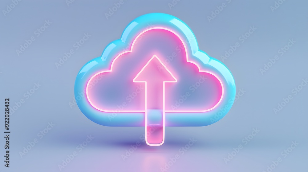 3D render of a glowing cloud upload icon on a gradient background. Represents data storage, cloud computing, and digital technology. 3D render of a glowing cloud upload icon on a gradient background. Represents data storage, cloud computing, and digital technology.