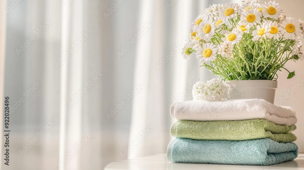 Soft pastel towels are stacked neatly on a table, accented by a pink flower and soft white curtains in a tranquil indoor environment Soft pastel towels are stacked neatly on a table, accented by a pink flower and soft white curtains in a tranquil indoor environment