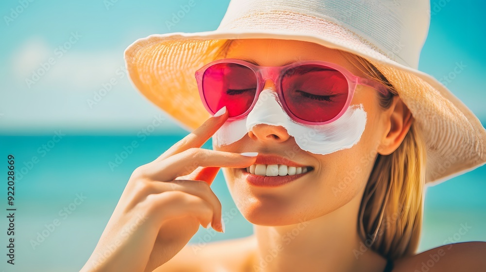 Smiling woman with sunscreen on nose enjoying a sunny day at the beach. Smiling woman with sunscreen on nose enjoying a sunny day at the beach.