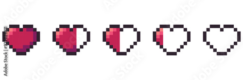 pixel art heart set animation sheet. health bar pixel art vector. isolated game life bar set.