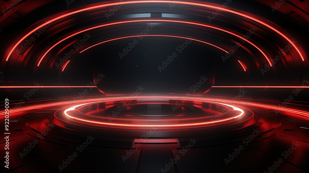 Red neon lights illuminate a futuristic, circular platform. Red neon lights illuminate a futuristic, circular platform.