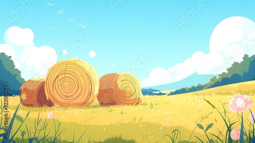 Create a illustration of a Hay bales in the fieldsin a kawaii style, simplified to feature fewer elements for a cleaner look, Use a color palette that is appealing to children, with bright and photo