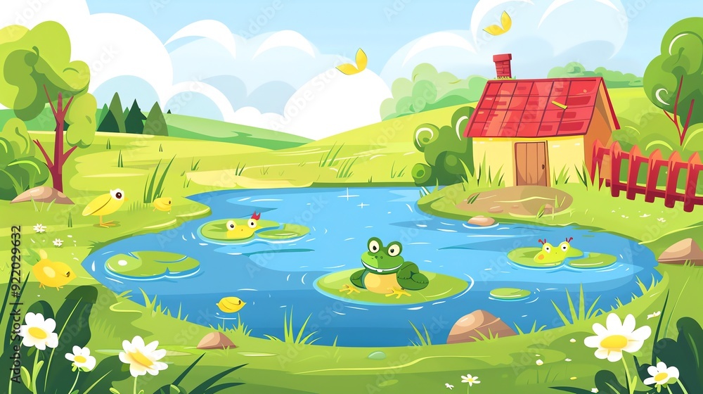 Naklejka premium Create a illustration of a Farmyard pond with frogsin a kawaii style, simplified to feature fewer elements for a cleaner look, Use a color palette that is appealing to children, with bright and