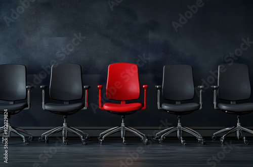 "Row of Grey Office Chairs with One Red Chair in the Middle"