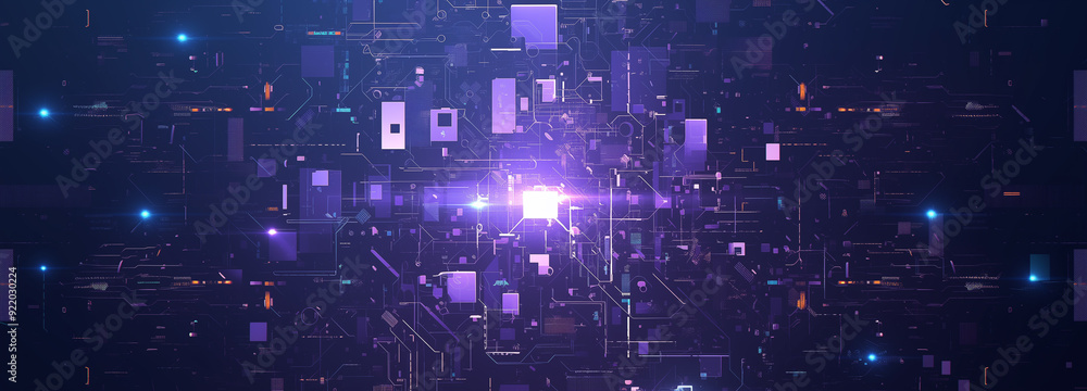 Obraz premium Abstract futuristic background in dark colors. Purple abstract microcircuits and processors. AI generative