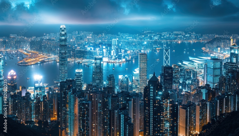 Nighttime view of Hong Kong's skyline illuminated by city lights and fog over the harbor Nighttime view of Hong Kong's skyline illuminated by city lights and fog over the harbor