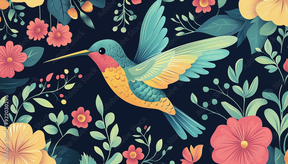 cartoon hummingbird with flowers and leaves. Decorative pattern with flowers, berries, leaves and a hummingbird bird in the center. Cartoon illustration on a dark background. cartoon hummingbird with flowers and leaves. Decorative pattern with flowers, berries, leaves and a hummingbird bird in the center. Cartoon illustration on a dark background.