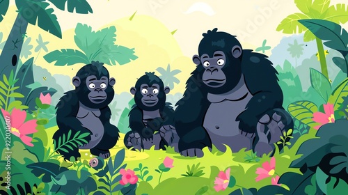 Create a illustration of a Mountain Gorilla Family A group of mountain gorillas in the forestin a kawaii style, simplified to feature fewer elements for a cleaner look, Use a color palette th photo