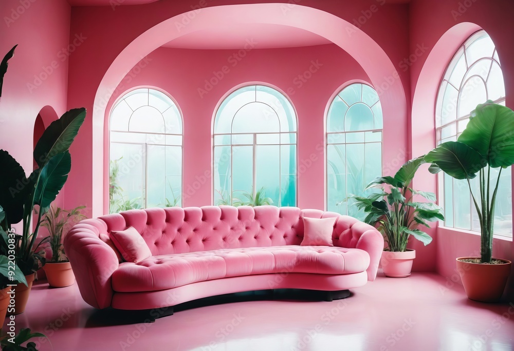 A large, plush pink couch with tufted upholstery in a futuristic, A large, plush pink couch with tufted upholstery in a futuristic,