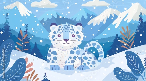 Create a illustration of a Snow Leopard in the Mountains A snow leopard camouflaged in the snowin a kawaii style, simplified to feature fewer elements for a cleaner look, Use a color palette photo