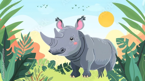 Create a illustration of a Javan Rhino in the Wild A Javan rhino in its native habitatin a kawaii style, simplified to feature fewer elements for a cleaner look, Use a color palette that is a photo