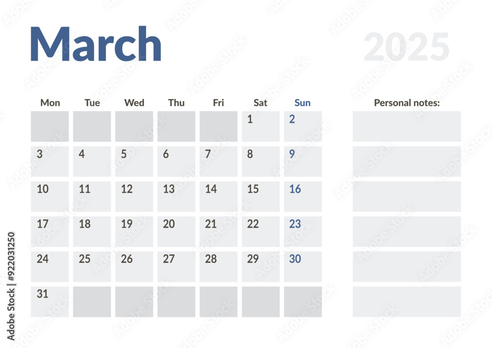 Monthly page Calendar Planner Template of March 2025. Vector layout of calendar with week start Monday for Scheduling. Page for size A4 or 21x29.7 cm Monthly page Calendar Planner Template of March 2025. Vector layout of calendar with week start Monday for Scheduling. Page for size A4 or 21x29.7 cm