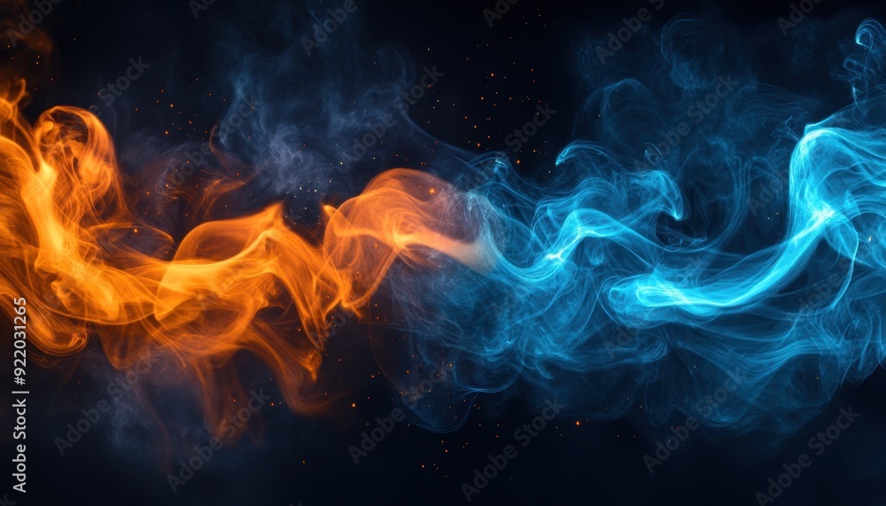 Vibrant orange and blue smoke swirling in contrast against a dark background Vibrant orange and blue smoke swirling in contrast against a dark background